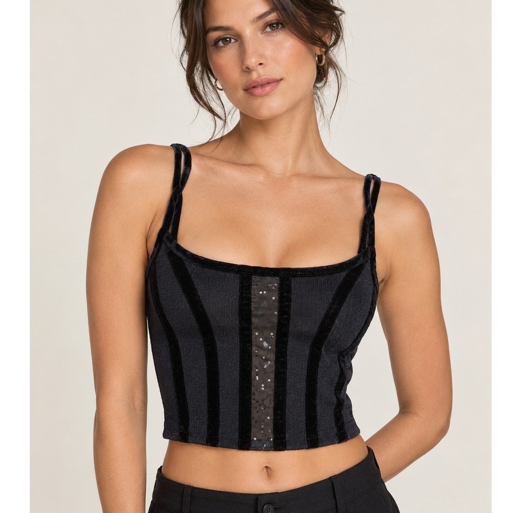 St. John Evening Vintage Y2K Knit Top Women Black Velvet Mesh Corset Cami Size 2